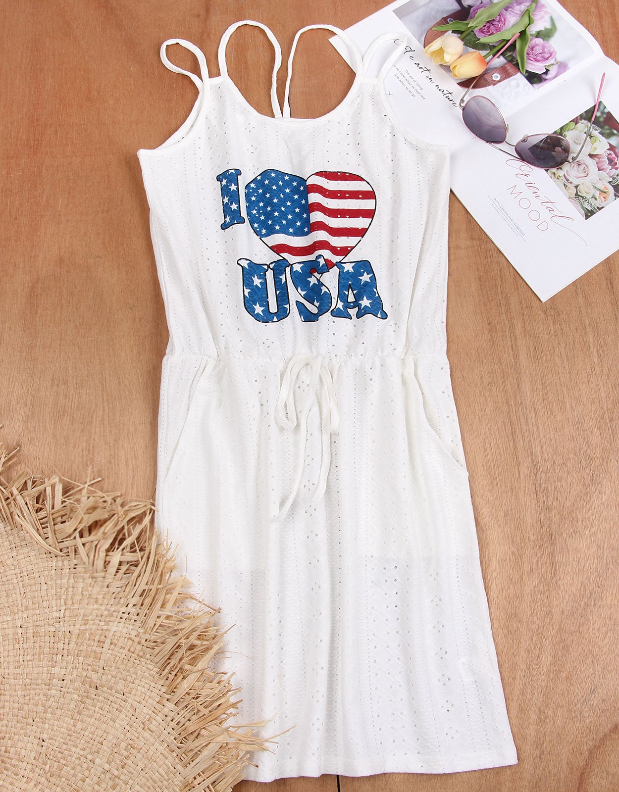 USA Heart pattern sleeveless neck print drawstring dress cover up