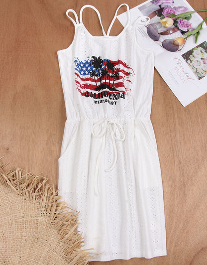 USA islet pattern sleeveless neck print drawstring dress