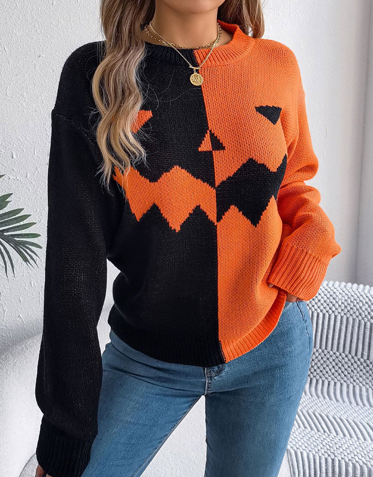 Spooky Pumpkin Clashing Color Knit