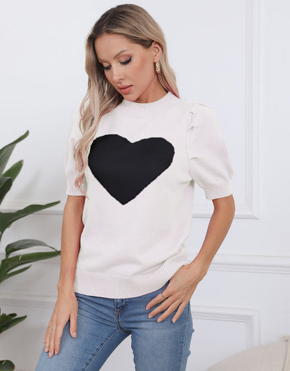 Cute Heart Crew Neck Casual T Shirts Blouses