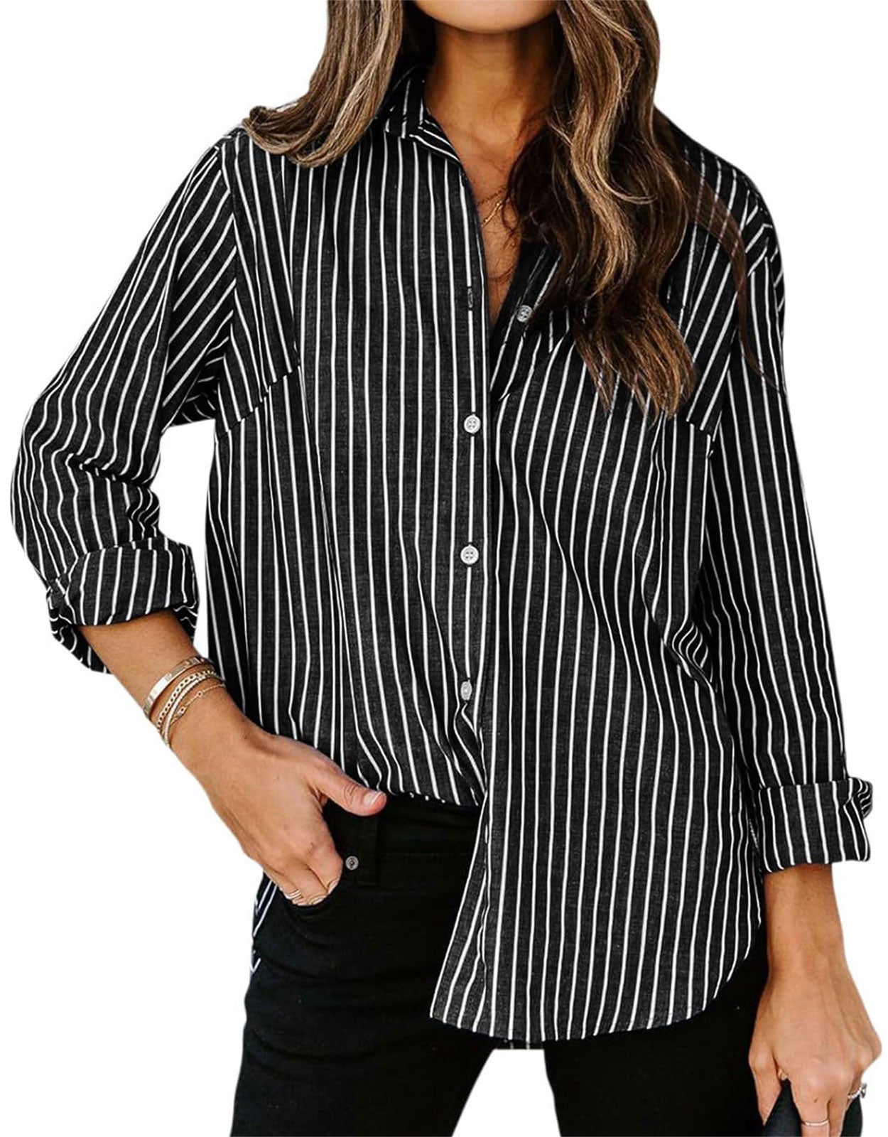 Casual Striped Long Sleeved Button Up Top