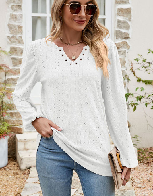 V Collar Tops Solid Color Casual Blouses