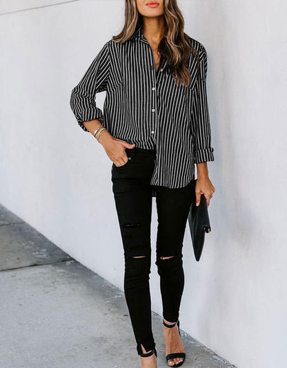 Casual Striped Long Sleeved Button Up Top