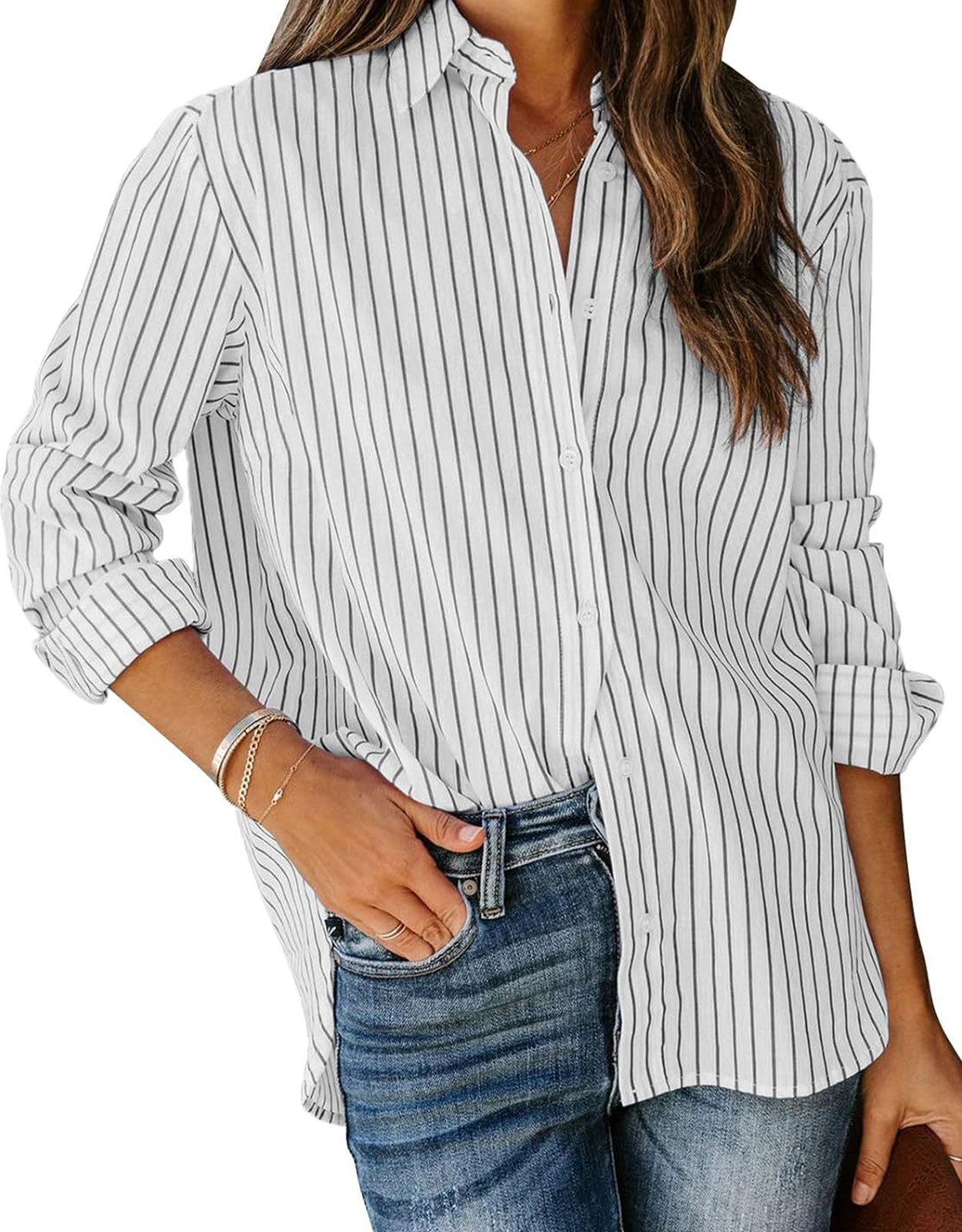 Casual Striped Long Sleeved Button Up Top