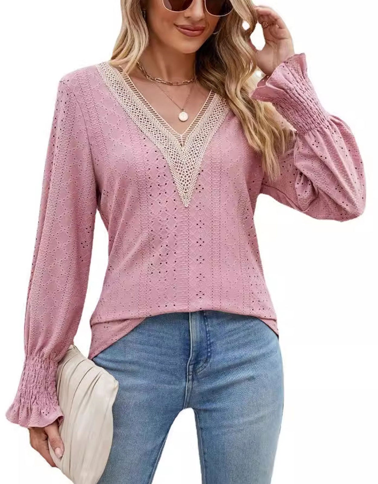 V-Neck Eyelet Flounce Sleeve Blouse