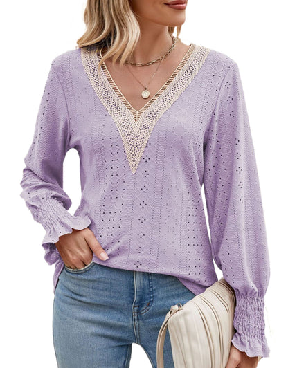 V-Neck Eyelet Flounce Sleeve Blouse