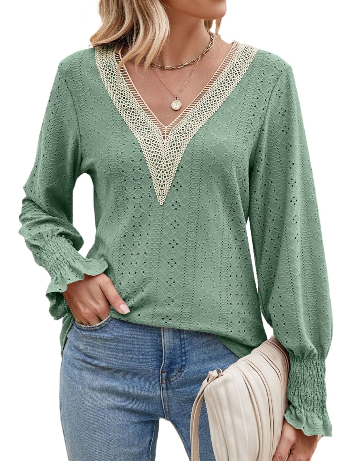 V-Neck Eyelet Flounce Sleeve Blouse