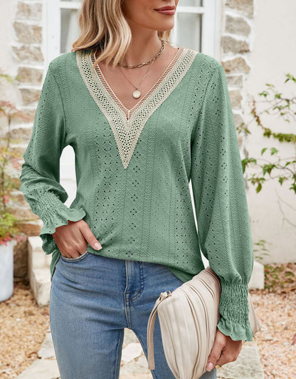 V-Neck Eyelet Flounce Sleeve Blouse