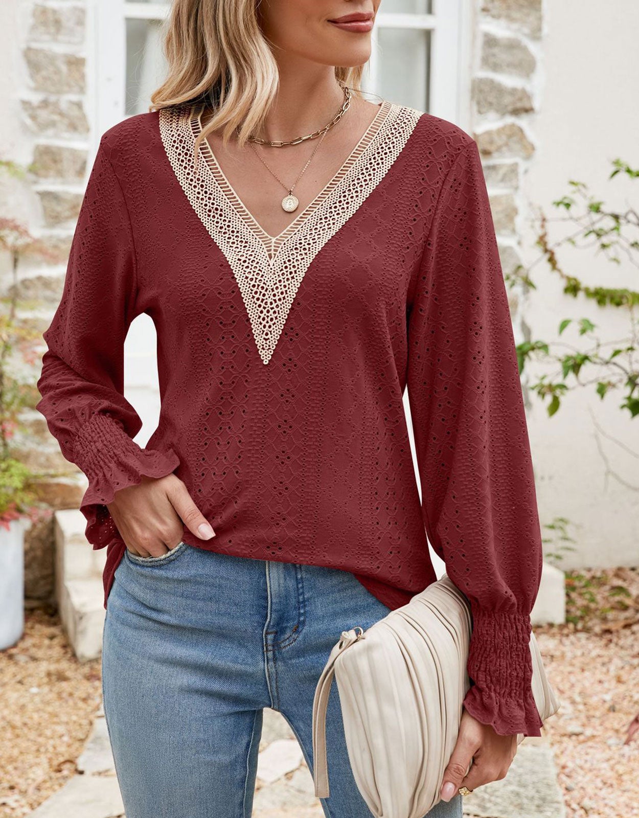 V-Neck Eyelet Flounce Sleeve Blouse