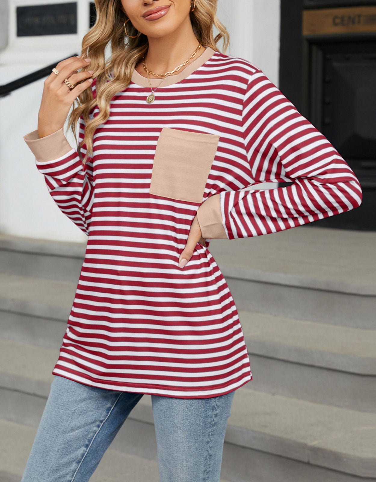 Striped Graphic Summer Crewneck Blouses