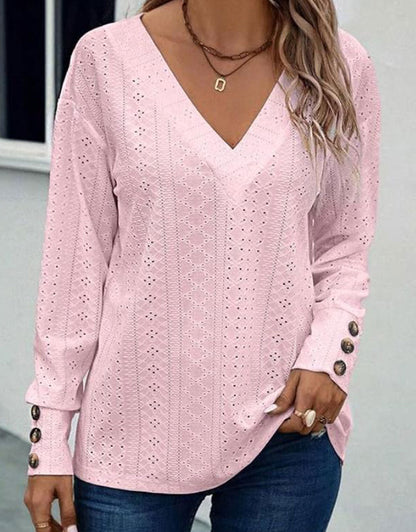 V Neck Buttons Hollow Out Blouses