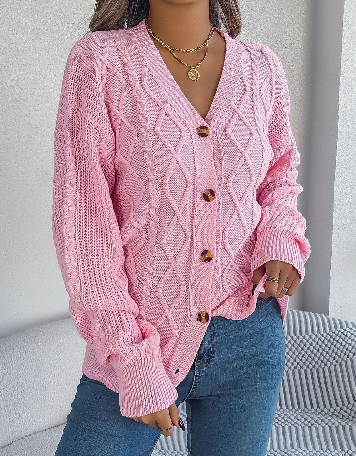 V-Neck Knit Long Sleeve Cardigan