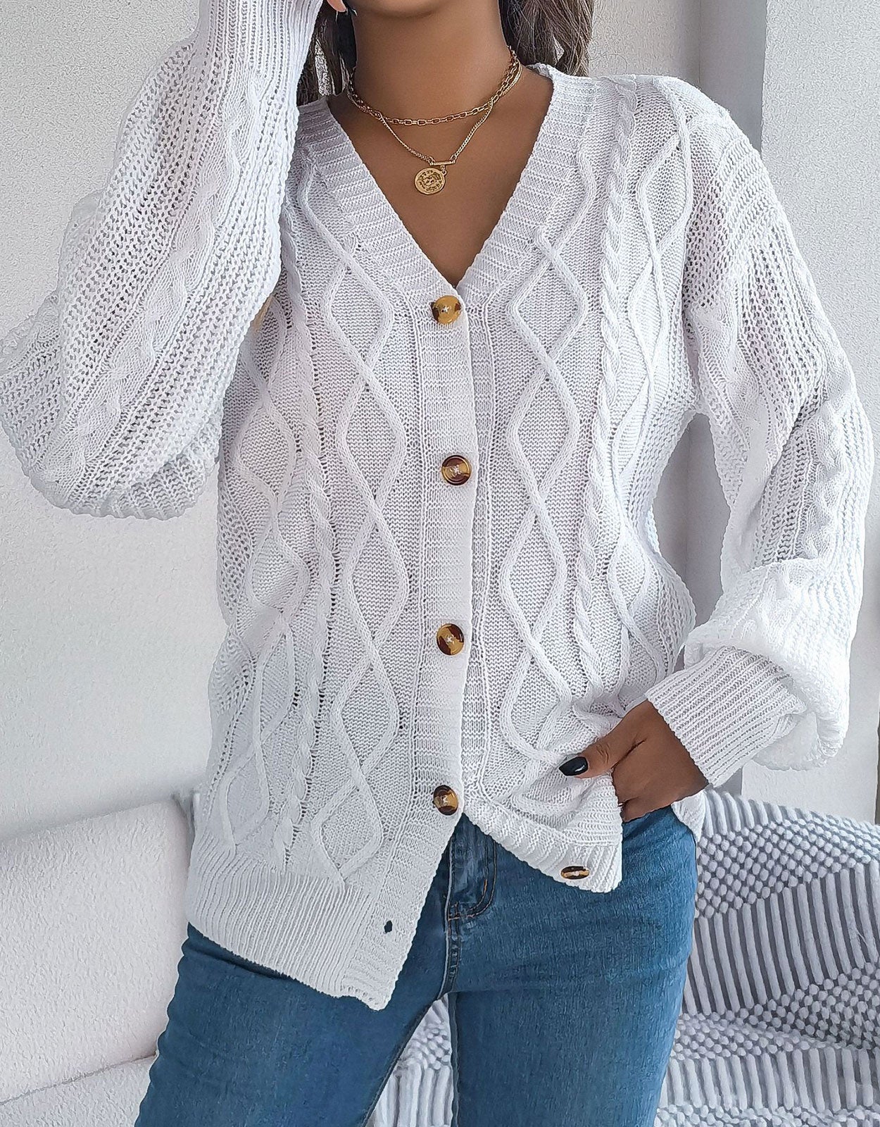 V-Neck Knit Long Sleeve Cardigan