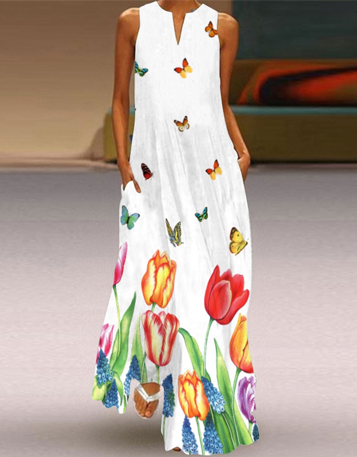 Summer Dresses for Women Butterfly and Floral Printed Maxi Dress