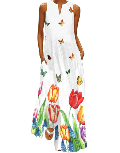 Summer Dresses for Women Butterfly and Floral Printed Maxi Dress