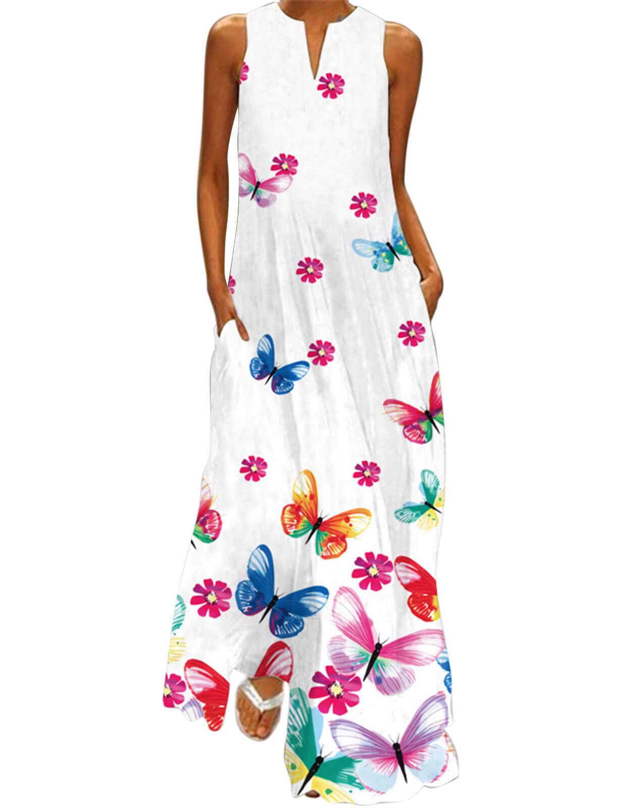 Summer Dresses for Women Butterfly and Floral Printed Maxi Dress