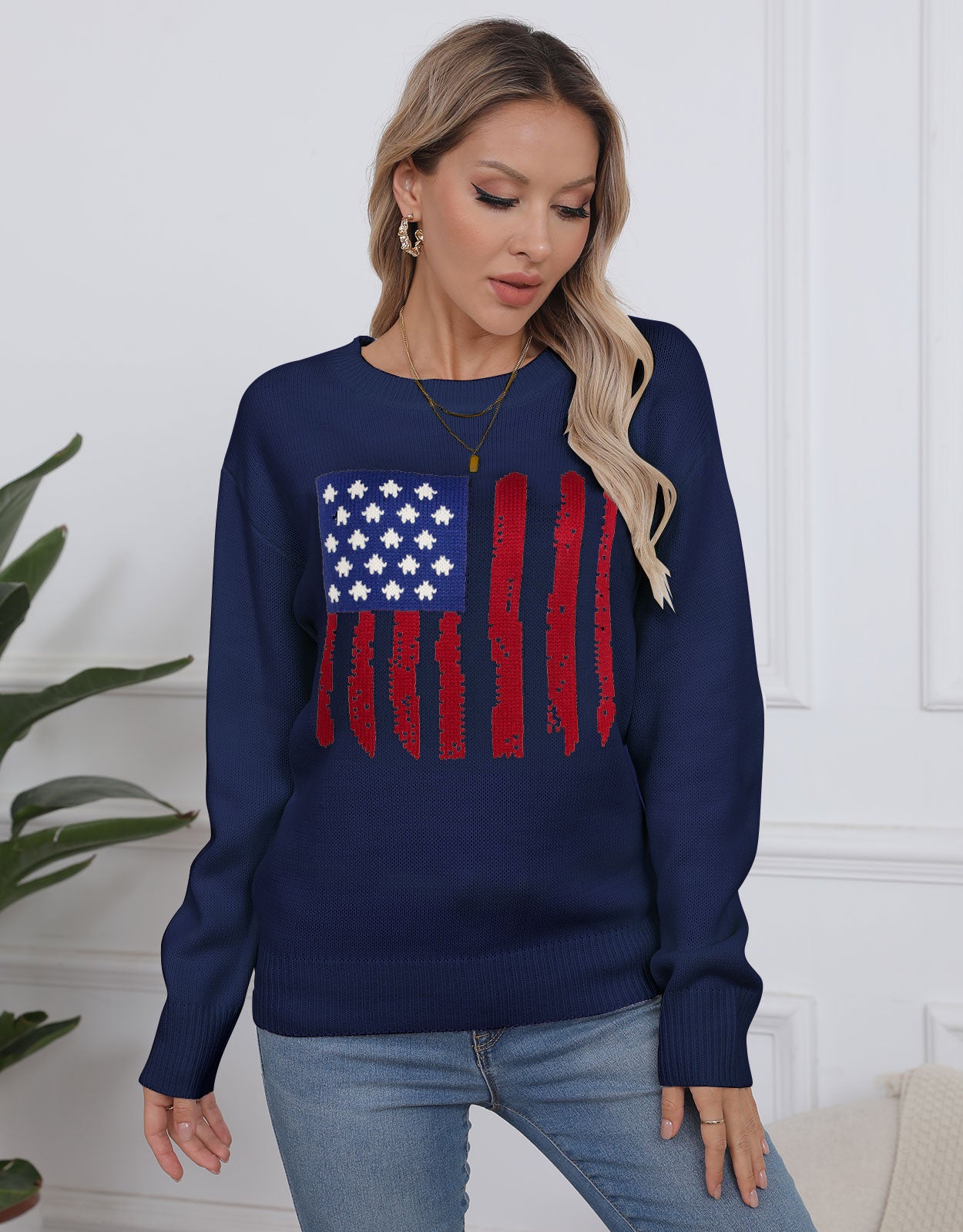 American Flag  Long Sleeve Crew Neck Sweater