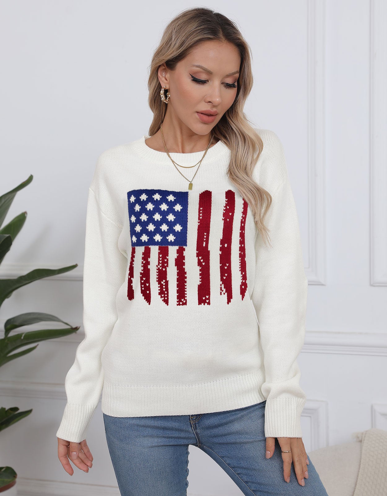 American Flag  Long Sleeve Crew Neck Sweater