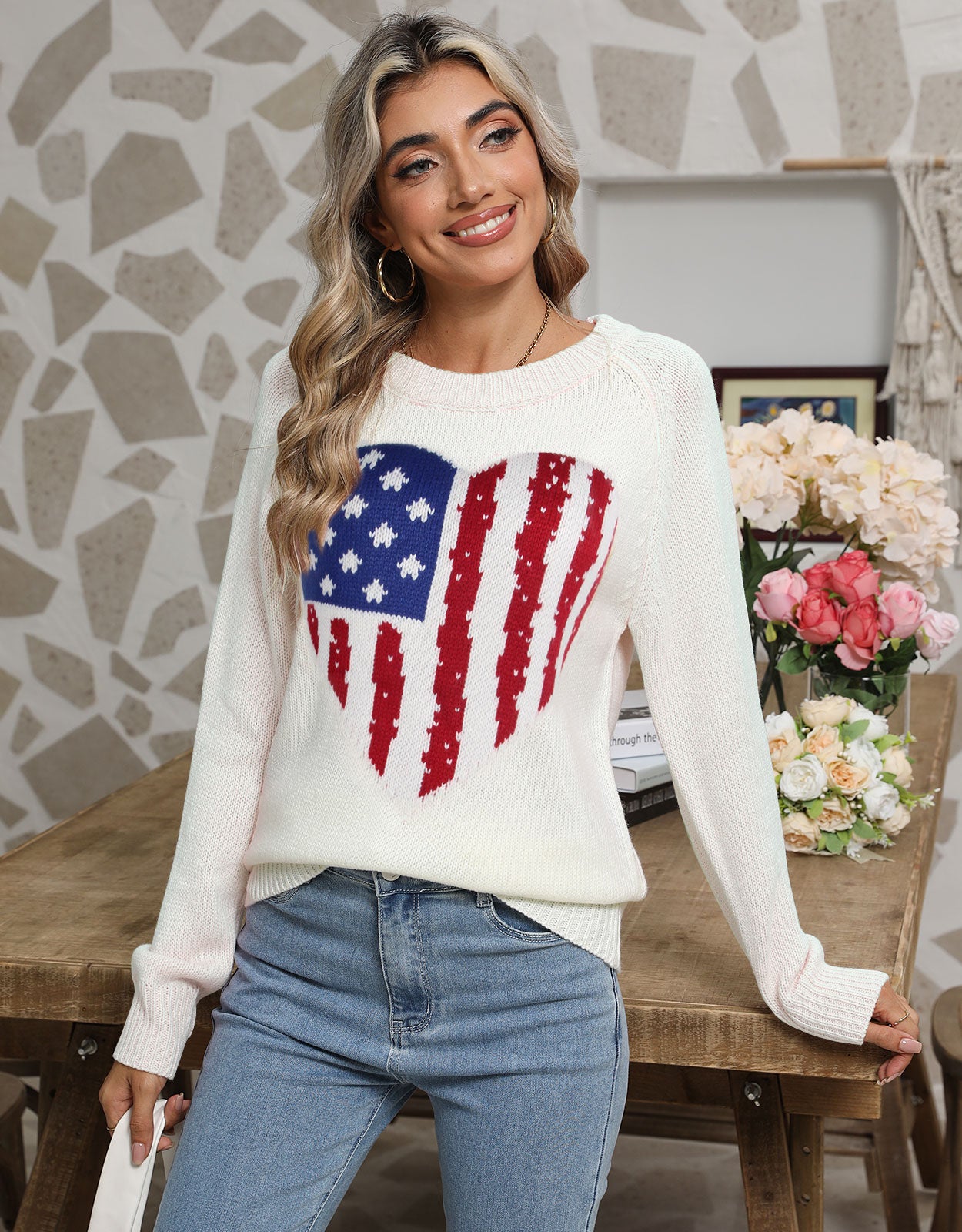 USA Heart Knitted Pullover Sweaters