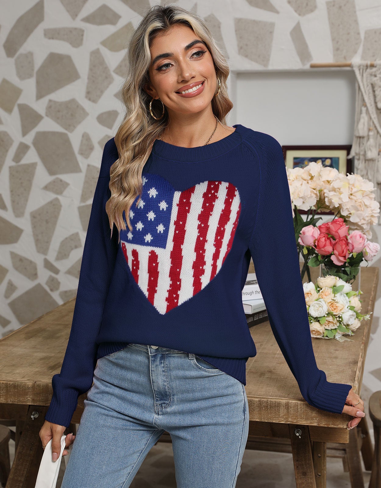 USA Heart Knitted Pullover Sweaters