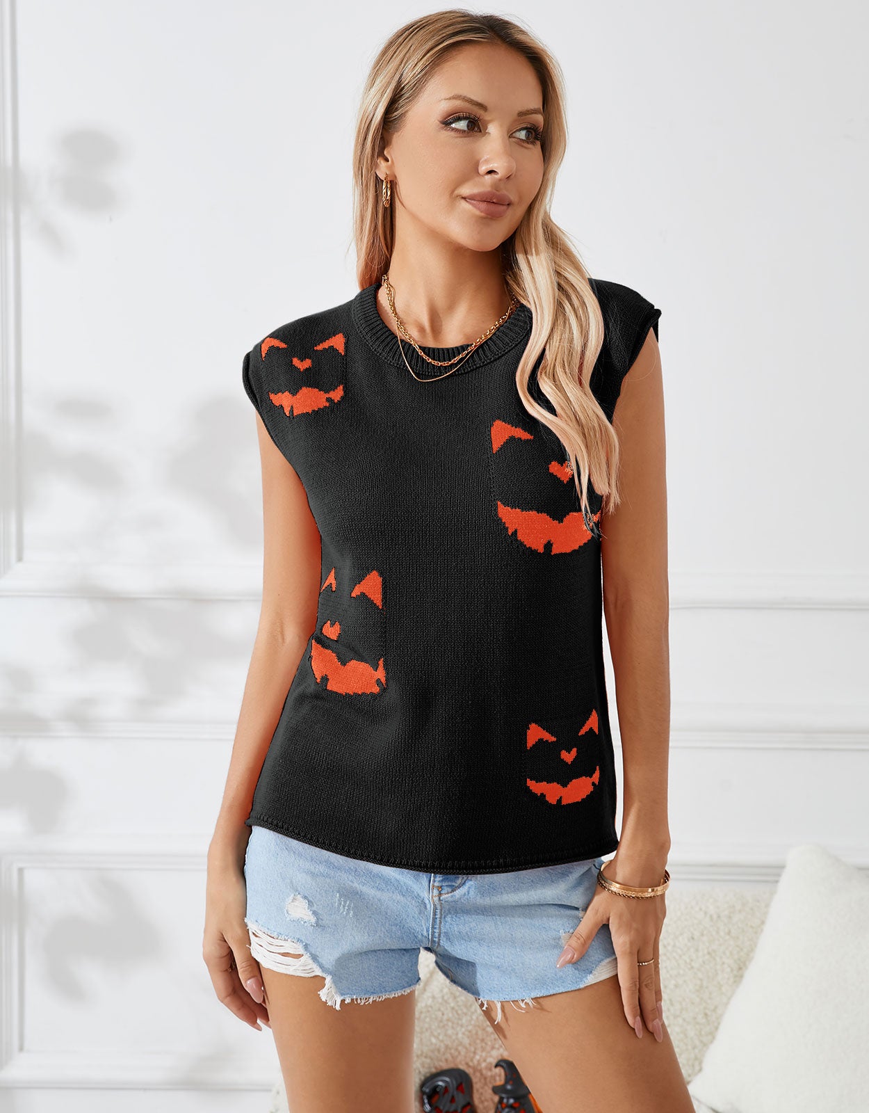 Pumpkin Smiley Sleeveless Sweater