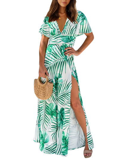 Summer Dresses for Women Tropical Leaf Print Maxi Dress