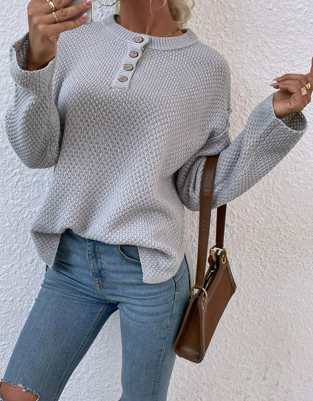 Chest Button Slit Knitted Sweater