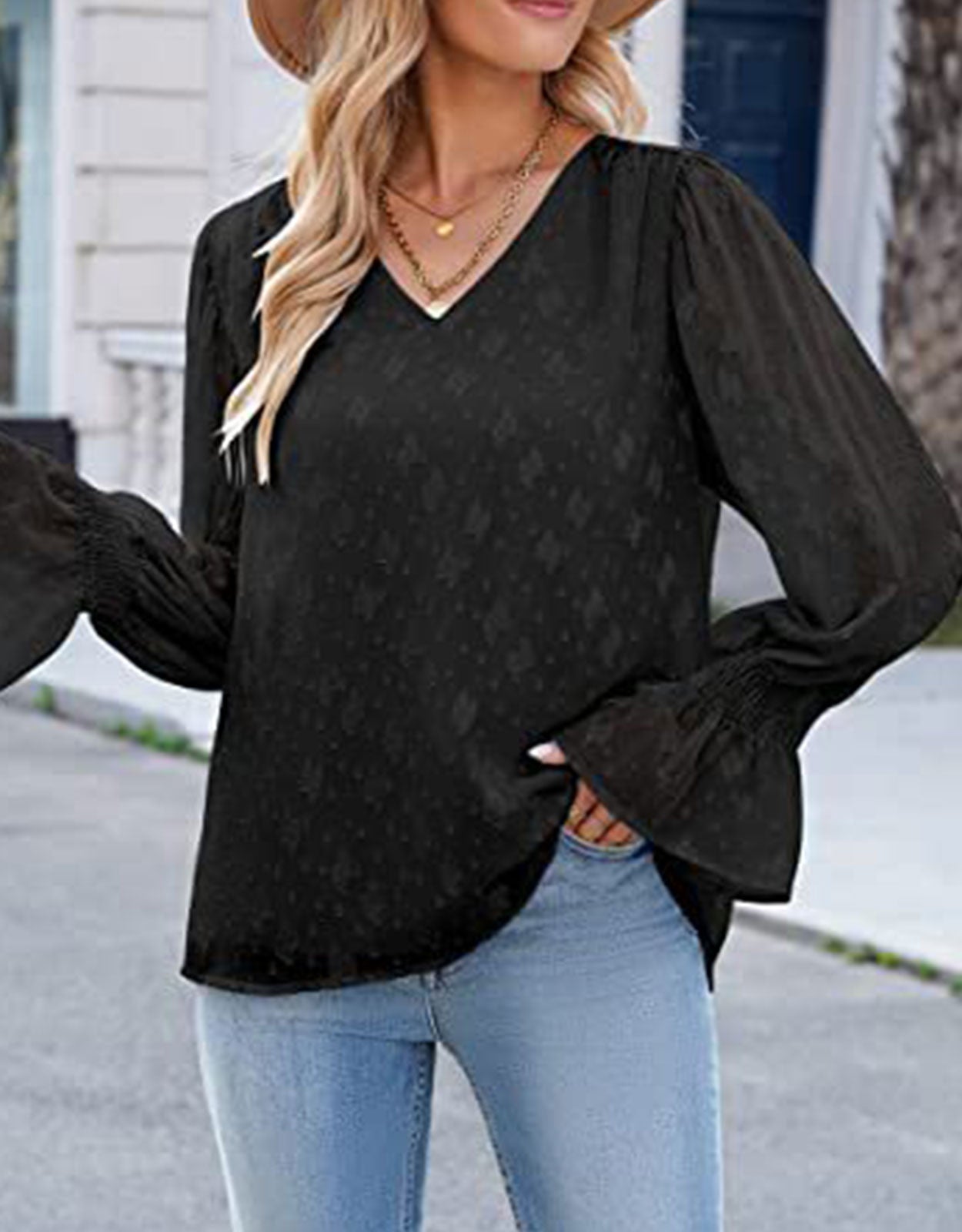 Long Sleeve Chiffon Lace Flare Sleeve Top