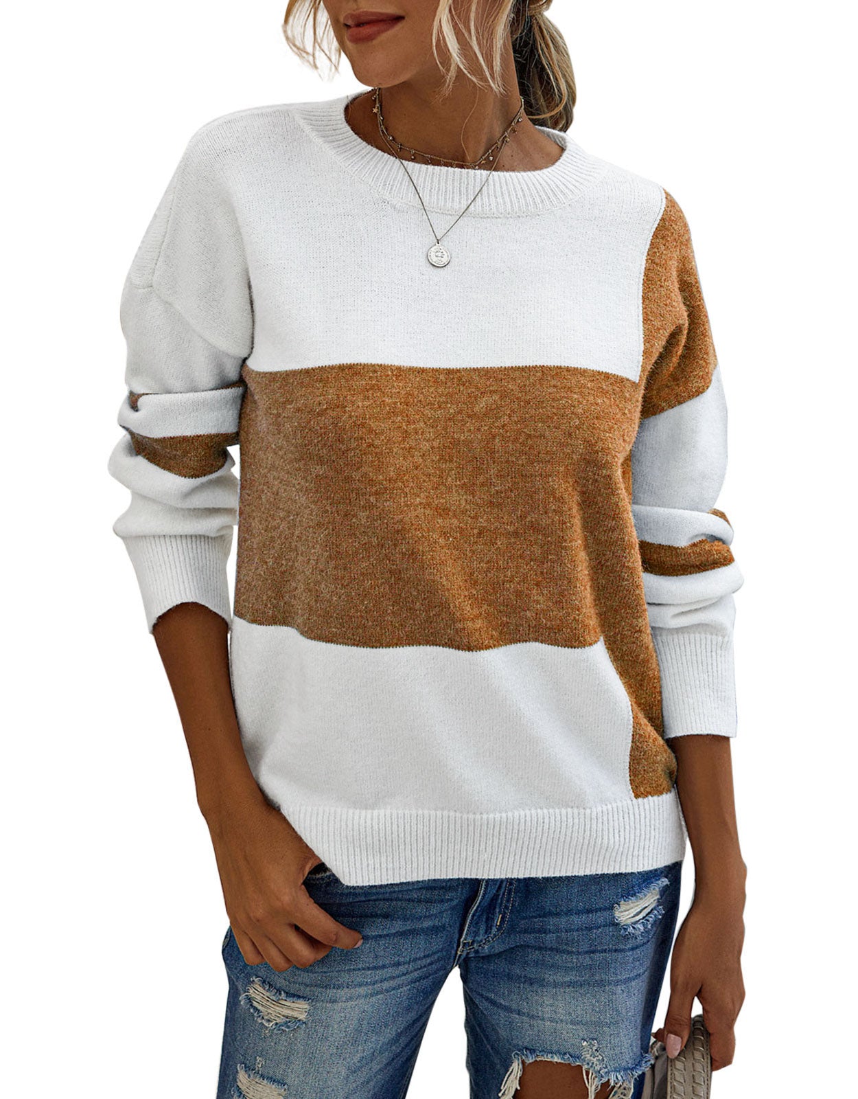 Cute Pullovers Sweater with Stitching Color