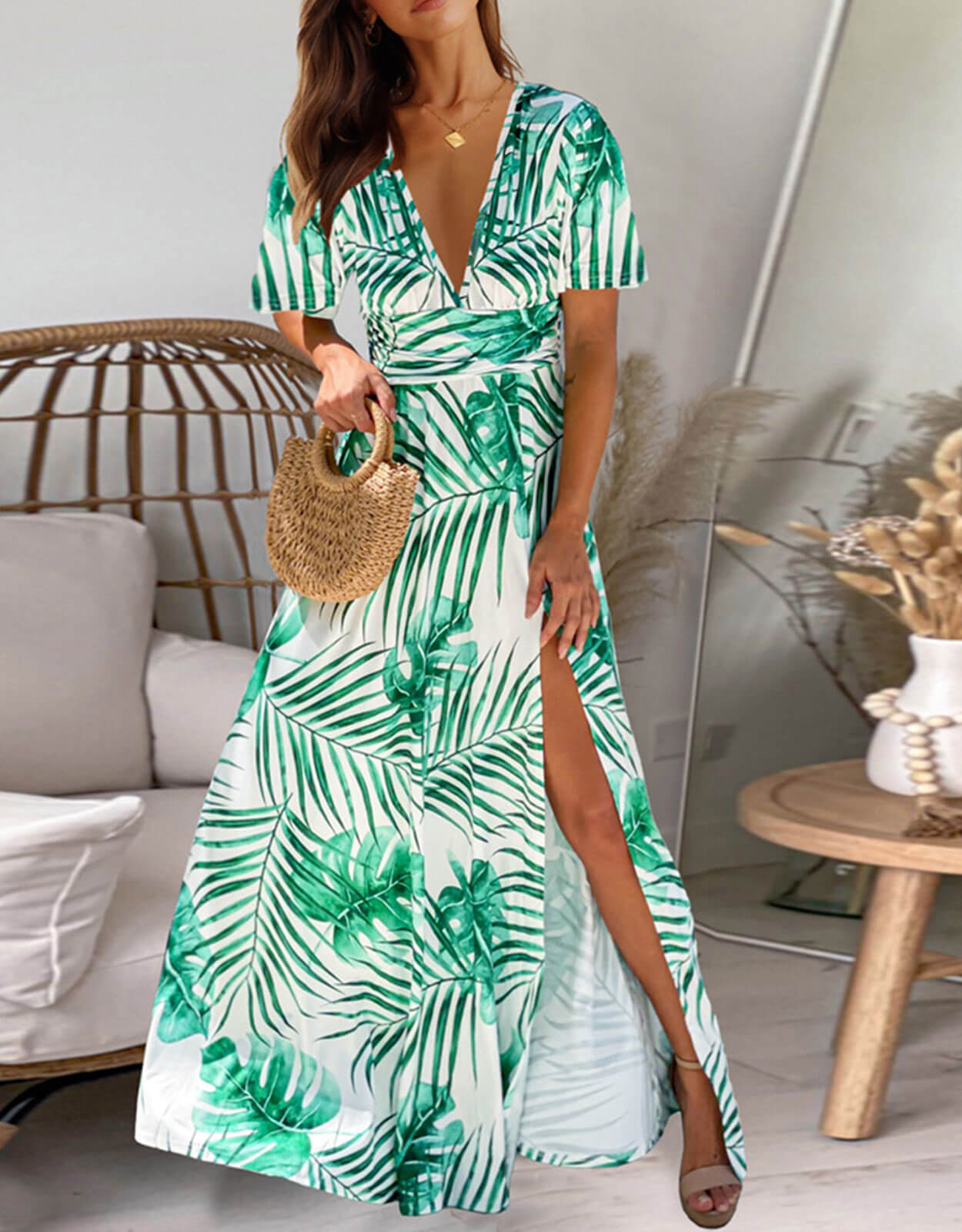 Summer Dresses for Women Tropical Leaf Print Maxi Dress