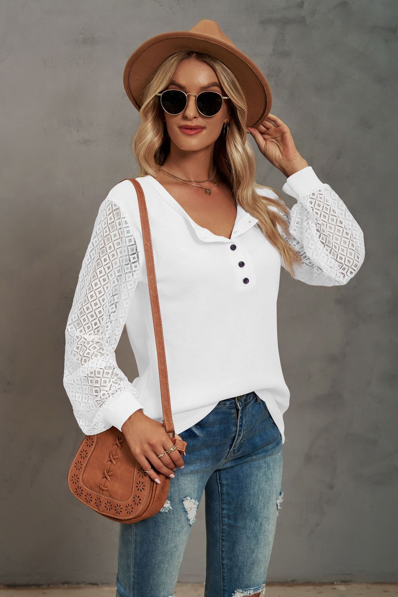 Waffle Lace Panel Long Sleeve Button Top