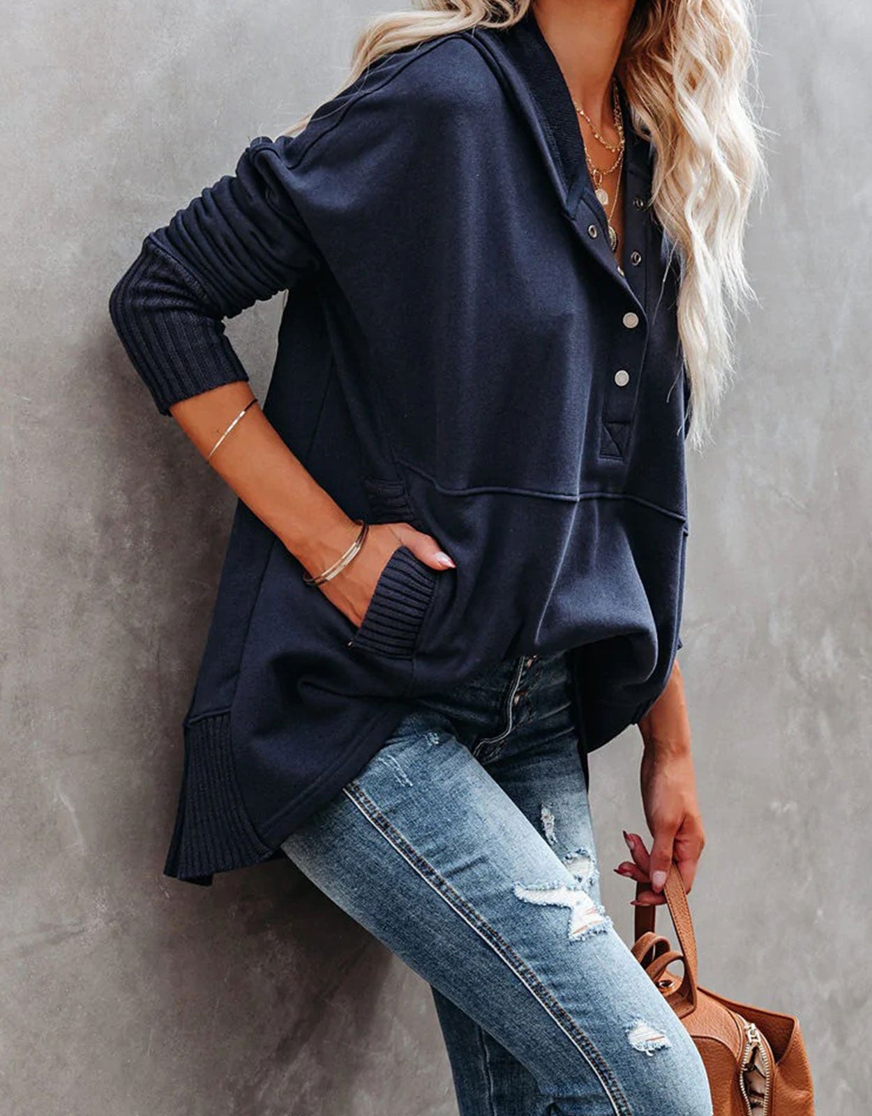 Solid Upper V-neck Hooded Irregular Sweater