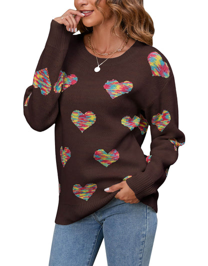 Drop Shoulder Colorful Heart Pattern Sweater