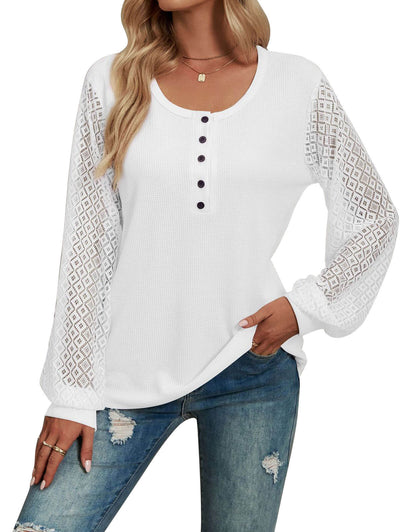 Waffle Lace Panel Long Sleeve Button Top