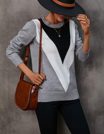 Crewneck Colorblock Pullover Knit Sweater Tops