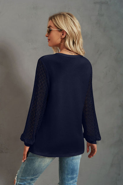 Waffle Lace Panel Long Sleeve Button Top