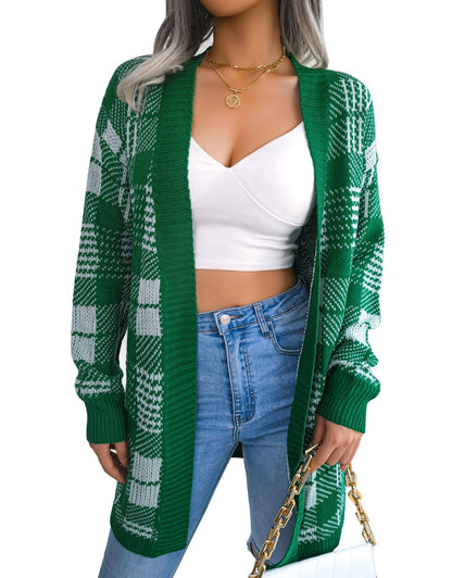 Plaid Tie Lantern Sleeve Casual Cardigan Sweater