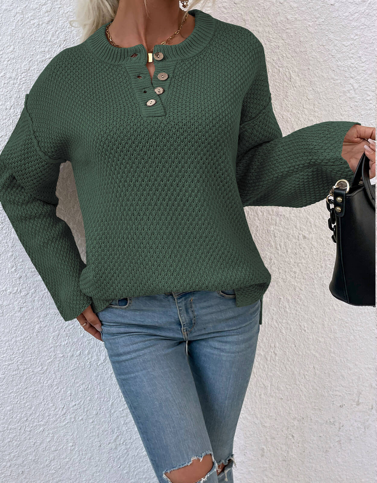 Chest Button Slit Knitted Sweater