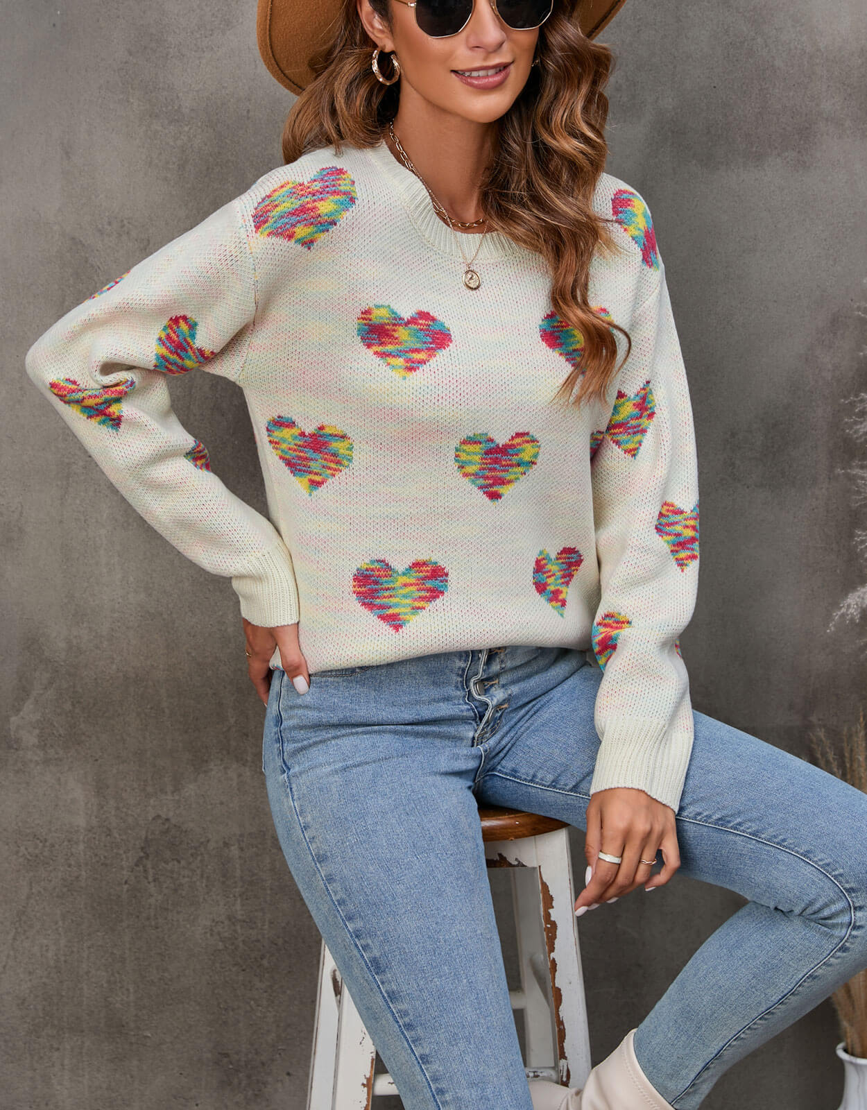 Drop Shoulder Colorful Heart Pattern Sweater