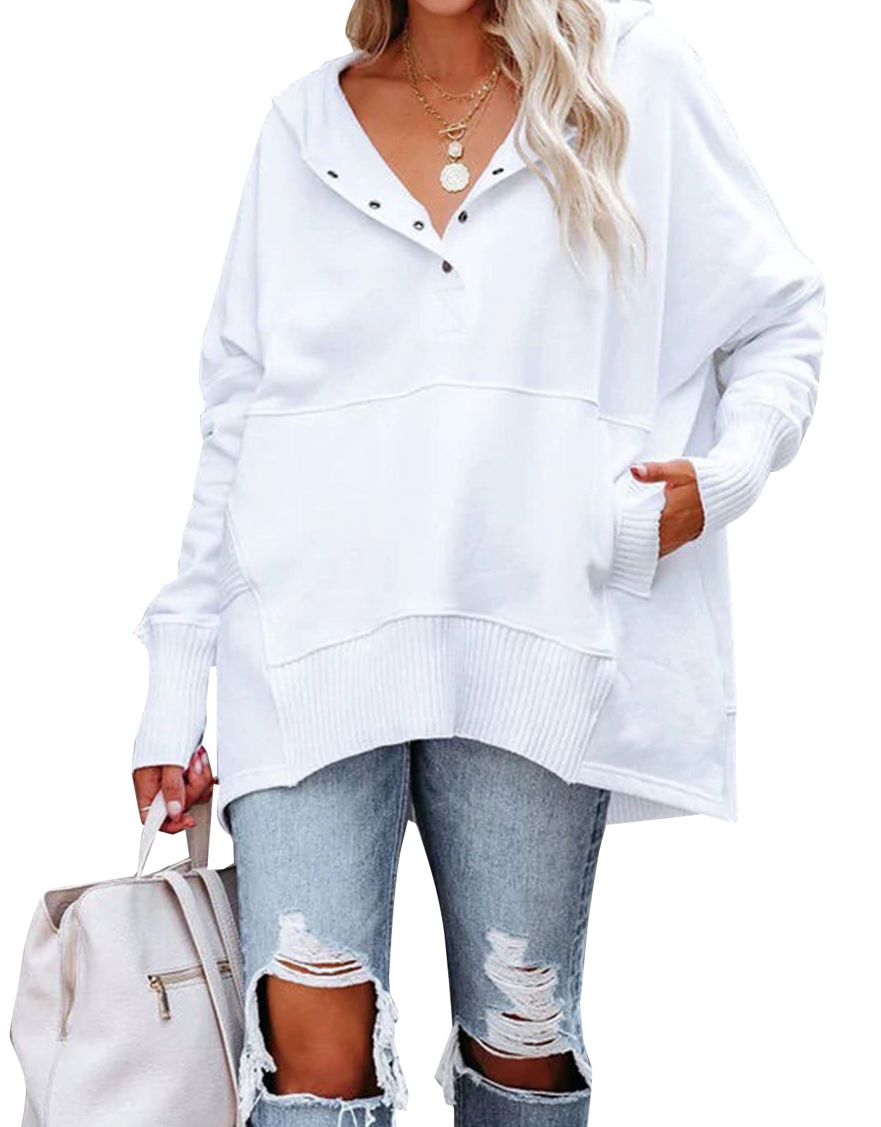 Solid Upper V-neck Hooded Irregular Sweater