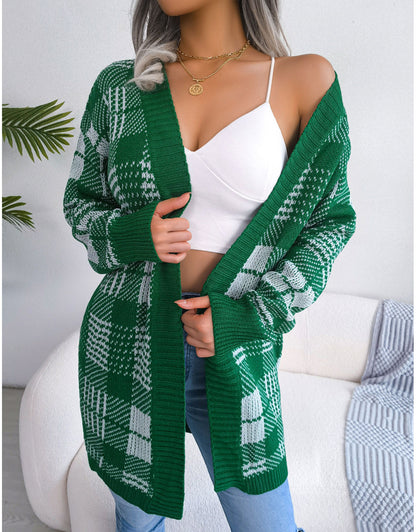 Plaid Tie Lantern Sleeve Casual Cardigan Sweater